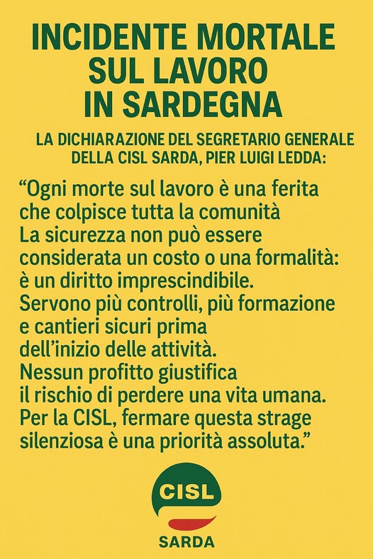 Incidente mortale sul lavoro nell’Isola, la dichiarazione del Segretario Generale della Cisl sarda Pier Luigi Ledda
