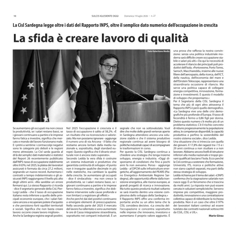 CISL SARDEGNA: LEGGERE OLTRE I NUMERI DEL RAPPORTO INPS 2026