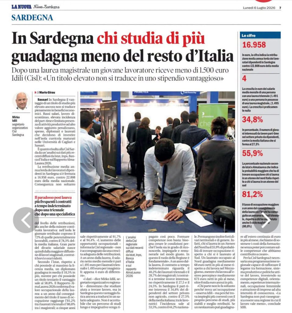 IN SARDEGNA CHI STUDIA DI PIÙ GUADAGNA MENO DEL RESTO D’ITALIA