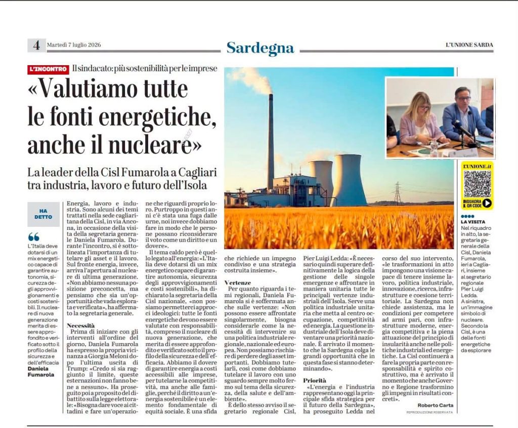 INDUSTRIA ED ENERGIA: DICHIARAZIONI DI DANIELA FUMAROLA E PIER LUIGI LEDDA