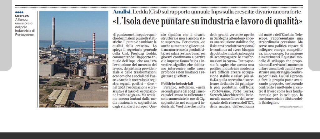 RAPPORTO INPS 2026: COMMENTO SEGRETARIO LEDDA SU UNIONE SARDA