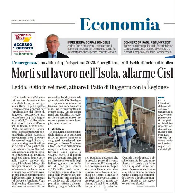 MORTI SUL LAVORO NELL’ISOLA: INTERVENTO SU L’UNIONE SARDA